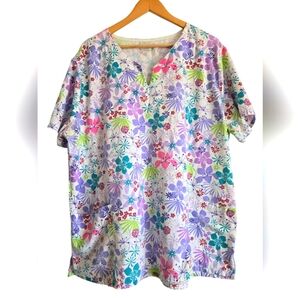 White Swan Floral Print V-Neck Scrub Top Size 2X